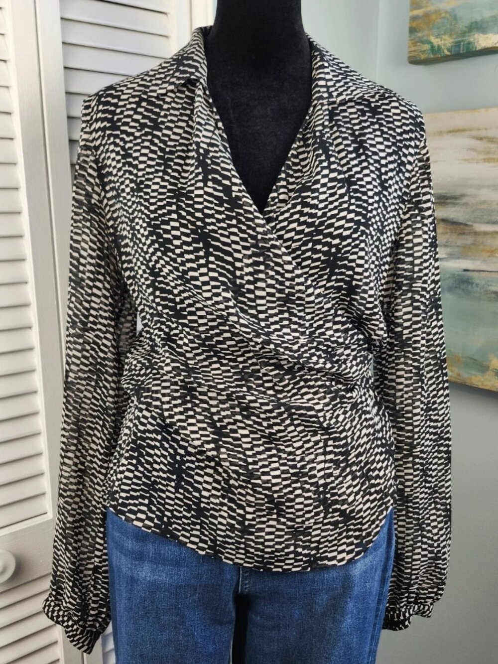 The Limited 100% Silk Wrap Top Black White Day to Night Sheer Medium
